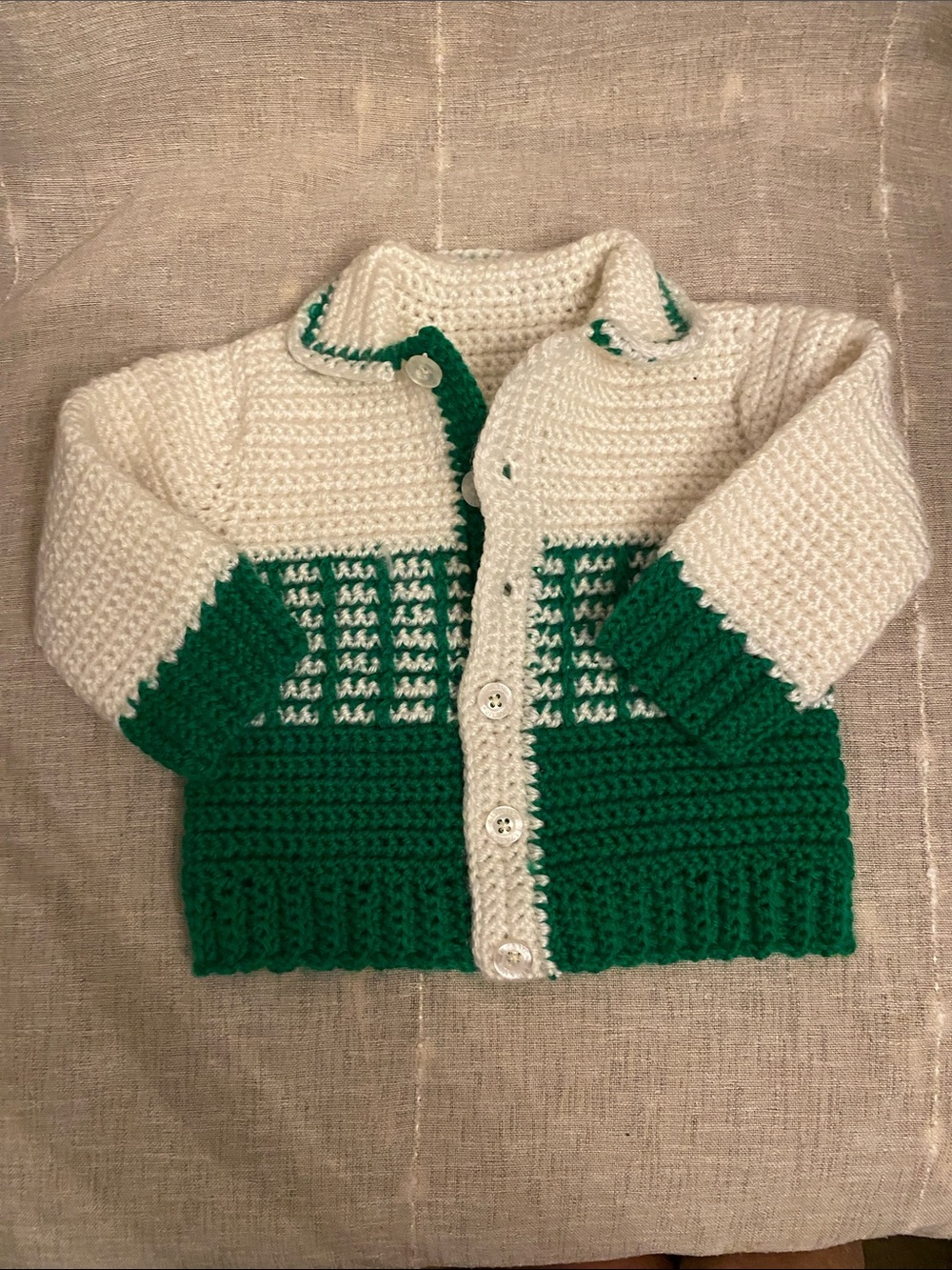 Hand-Knit Green & White Baby Cardigan Sweater